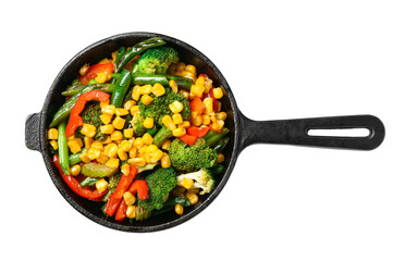 Frying pan with different vegetables on white background