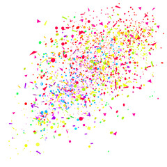 Multicolored confetti on white. Pattern for design. Background with glitters. Print for polygraphy, posters, banners and textiles. Greeting cards. Explosion. Firework
