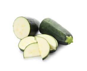 Slices of fresh zucchini squash on white background