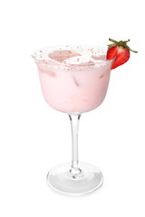 Glass of strawberry Pina Colada cocktail on white background