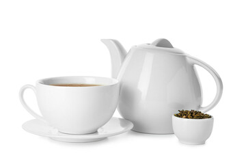 Composition with hojicha green tea and cup of hot beverage on white background