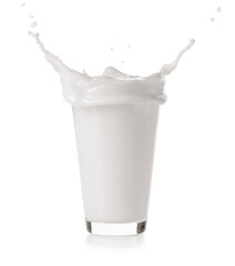 Glass of milk with splash on white background