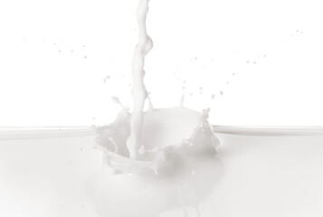 Pouring delicious milk on white background