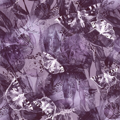 Creative seamless watercolor pattern of plants, Herbs, flowers, lily. Immortelle plant, tansy, wild herbs. dragonfly,butterfly. Abstract paint splash Watercolor background. Vintage Paper, cloth, scarf