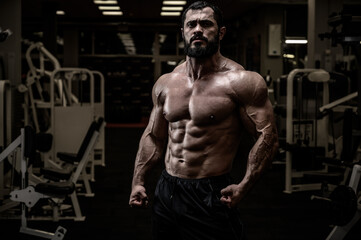 Obraz na płótnie Canvas powerful young strong bearded male with athletic body in gym at night
