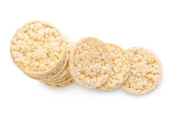 Pile of crunchy rice crackers on white background