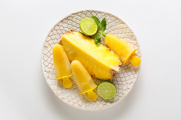 Plate with tasty pineapple popsicles on white background