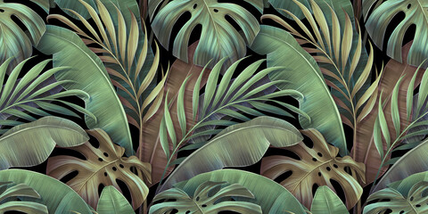 Tropical seamless pattern with beautiful palm, banana leaves, monstera. Hand-drawn vintage 3D illustration. Glamorous exotic abstract background. For luxury wallpapers, cloth, fabric printing, goods © alenarbuz