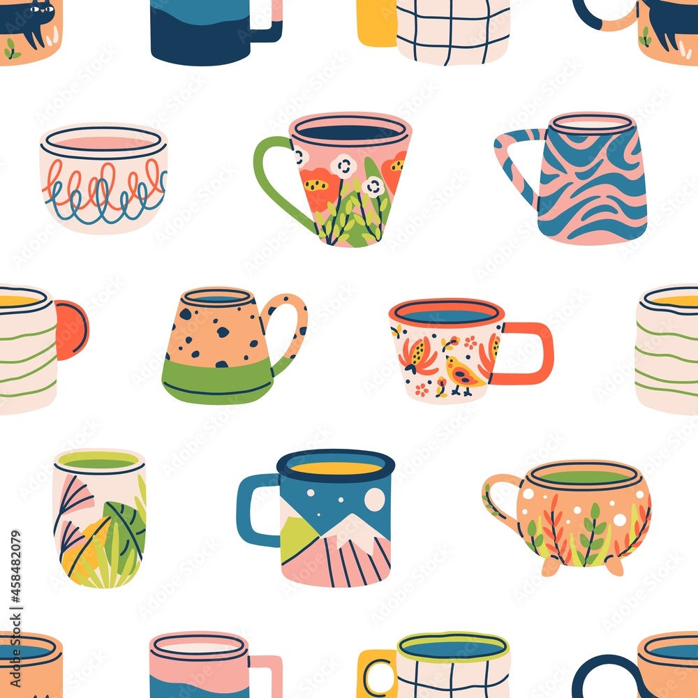 Poster seamless pattern with modern tea cups and mugs on white background. endless repeating kitchen textur