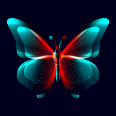 Butterfly neon silhouette in line art style. 3D vector illustration of glowing papillon contour top view isolated on a dark background