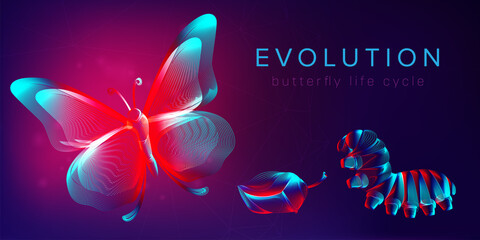Evolution of a butterfly life cycle horizontal banner. 3D vector illustration with abstract stereo neon silhouettes of insects: caterpillar, pupa and butterfly. Metamorphosis concept in line art style