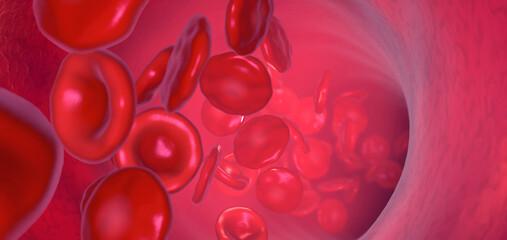 Red blood cells pumped through an artery during blood circulation - 3d illustration - obrazy, fototapety, plakaty