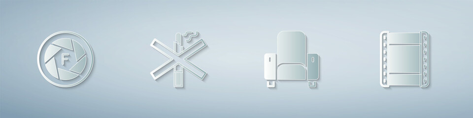 Set Camera shutter, No smoking, Cinema chair and Play video. Paper art style. Vector
