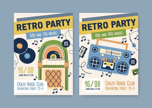 Posters templates for retro music parties of 60s, 70s, 80s and 90s. Promo flyers designs for nostalgic musical events. Ad placards with vinyl, turntable and boombox. Flat vector illustrations