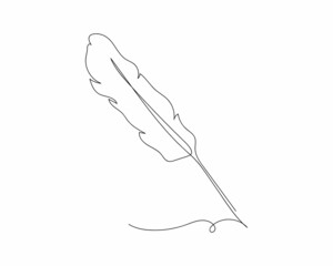 Continuous one line drawing of natural bird feather in silhouette isolated on a white background. Linear stylized.Minimalist.