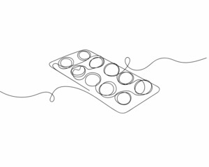 Continuous one line drawing of blister with pills in silhouette on a white background. Linear stylized.Minimalist. - obrazy, fototapety, plakaty