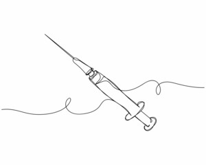 Continuous one line drawing of disposable syringe with needle and medicine in silhouette on a white background. Linear stylized.Minimalist.