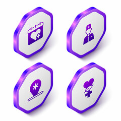 Set Isometric Doctor appointment, Male doctor, Location hospital and Ethnoscience icon. Purple hexagon button. Vector