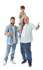 Happy man, his little son and father showing thumb-up on white background