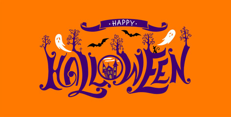 Happy Halloween vector lettering. Festive calligraphy for a banner, poster, greeting card, invitation to a party. Vector illustration.