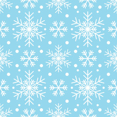Seamless pattern with white snowflakes on blue background. Festive winter traditional decoration for New Year, Christmas, holidays and design. Ornament of simple line repeat snow flake