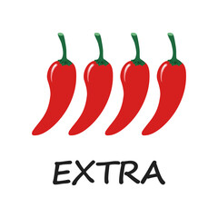 Spicy chili pepper red sauce level extra. Traditional Mexican and Chinese spicy food in doodle style. Vector hand drawn illustration isolated on a white background.