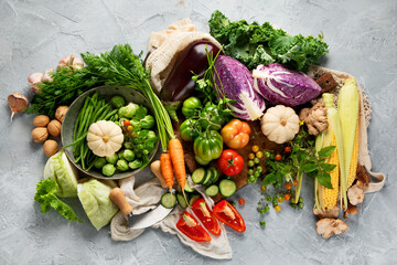 Local farmers food assortment on light background.