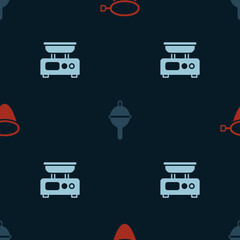 Set Fishing net, float and Electronic scales on seamless pattern. Vector