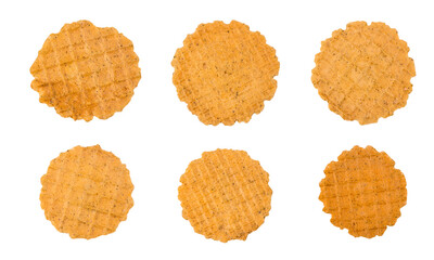 Set of several round thin crispy salted waffles isolated on white background