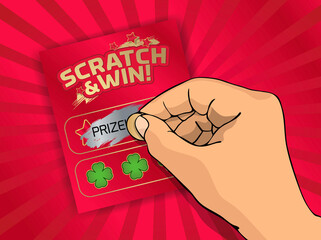 Illustration of hand scratching a playing card with coin. Scratch card game. - 458486214