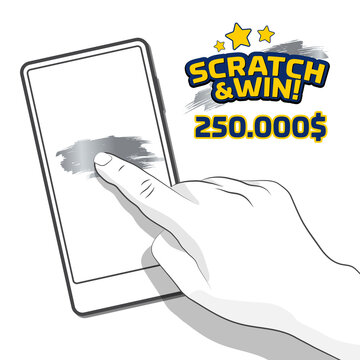 Illustration of hand playing scratch card on the mobile, white. Idea for online gambling promotion.