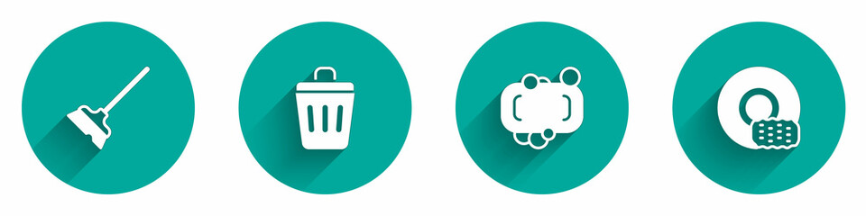 Set Mop, Trash can, Bar of soap and Washing dishes icon with long shadow. Vector