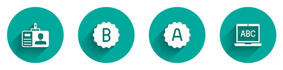 Set Identification badge, Exam paper with incorrect answers, sheet A plus grade and Laptop icon with long shadow. Vector