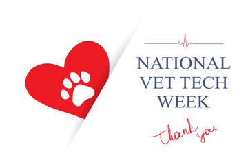 National Vet Tech Week medical concept. Red heart, dog paw and text Thank You on white, vector illustration. Vet Tech Appreciation Week annual event.