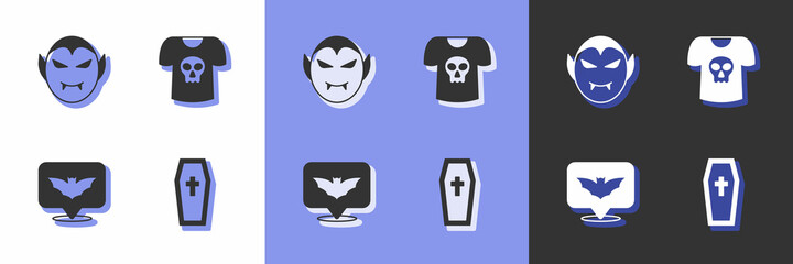 Set Coffin with christian cross, Vampire, Flying bat and Shirt skull icon. Vector