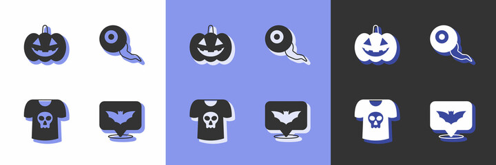 Set Flying bat, Pumpkin, Shirt with skull and Eye icon. Vector