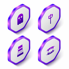 Set Isometric Ghost, Trident devil, Bottle with potion and Vampire teeth icon. Purple hexagon button. Vector