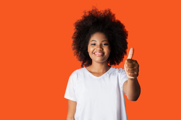 beautiful african woman in white t-shirt with hand gesture 