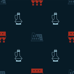 Set Bottles of wine, Coliseum and olive oil on seamless pattern. Vector