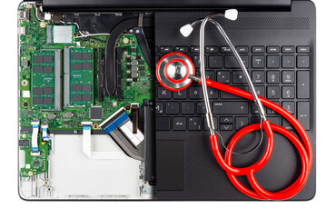 sectional top view of black modern laptop notebook computer with red doctor stethoscope isolated white background. Pc repair help upgrape concept.