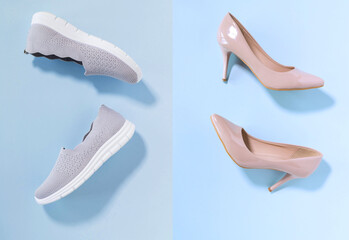 A collage of beige women's high-heeled shoes and gray sneakers on a blue background. My feet are tired of heels. The concept of sales and advertising. flat. From above.