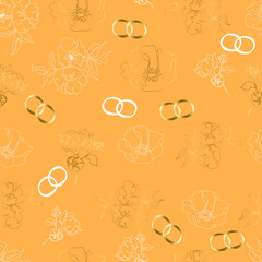 wedding floristic vector seamless pattern with flowers and rings. For wrapping paper, invitations and greetings