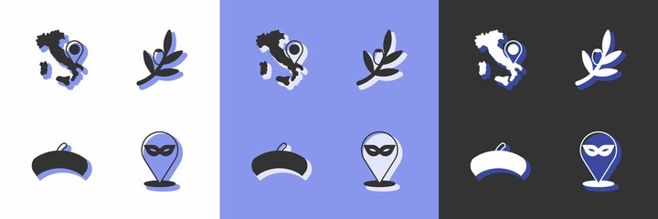 Set Carnival mask, Map of Italy, French beret and Olives branch icon. Vector