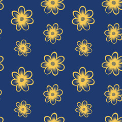 Seamless pattern with simple and cute hand drawn flowers. Golden objects on dark blue background. Vector illustration.