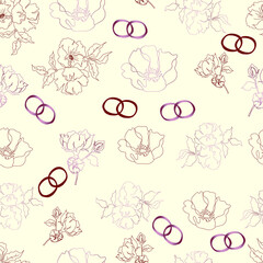Fototapeta na wymiar wedding floristic vector seamless pattern with flowers and rings. For wrapping paper, invitations and greetings