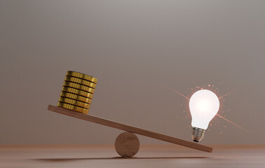 Unbalance of lightbulb glowing and golden coins money on seesaws for creative thinking idea can...