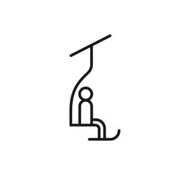 Isolated black line icon of skier on chair lift on white background. Outline chair lift. Logo flat design. Winter mountain sport.