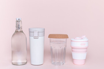 reusable silicon cup and glass bottle without plastic