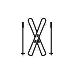 Isolated black line icon of pair of alpine skiing on white background. Outline pair ski with ski poles. Logo flat design. Winter mountain sport.
