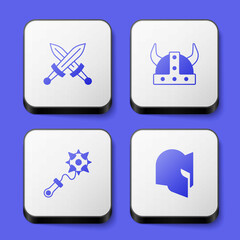 Set Crossed medieval sword, Viking in horned helmet, Mace with spikes and Medieval icon. White square button. Vector